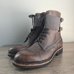 Sundance Leather Distressed Combat Boots Laceup Accent Zip Closure Brown Size 38